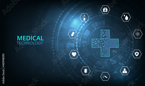 Medical technology network concept.Icon medical network connection with modern on dark blue background.Health care concept.