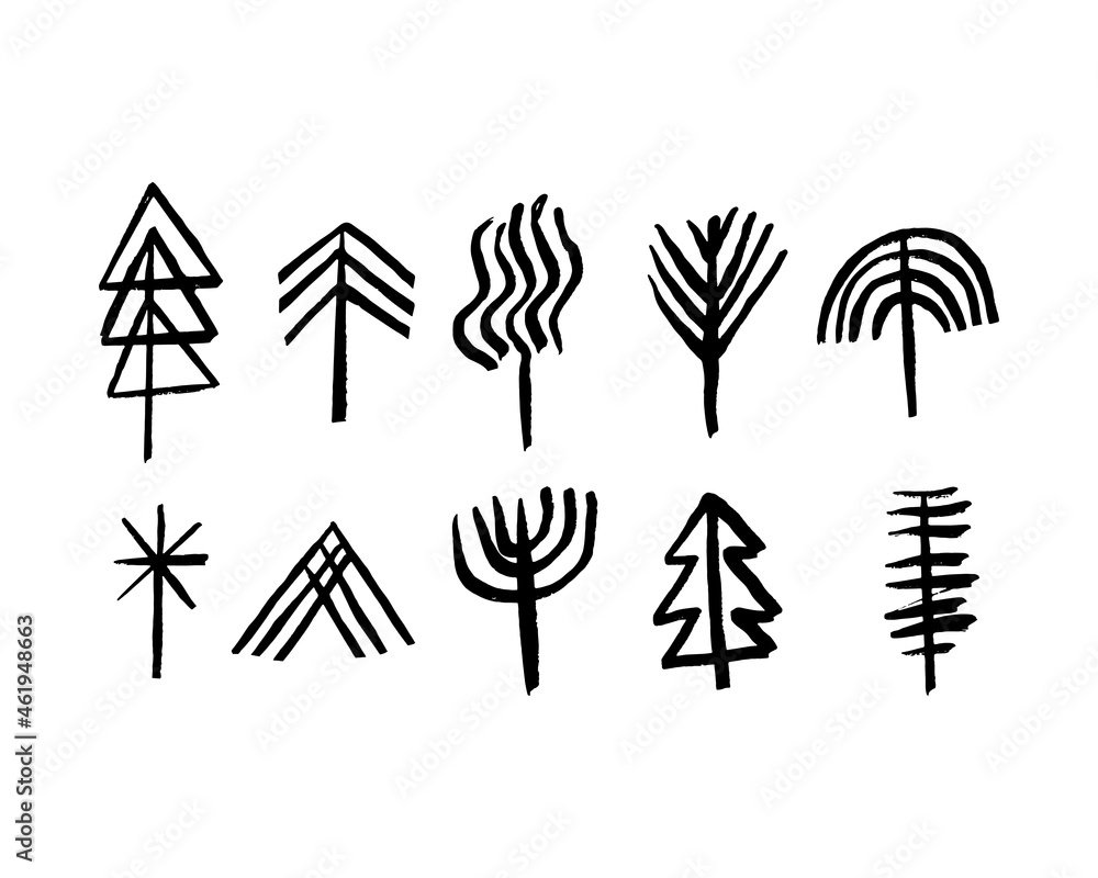 set of trees illustration in a simple and minimalist style. a collection of the hand drawn doodles in vector graphics for creative element design.