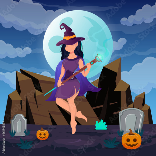 Happy Halloween. Witch Woman Wears Fancy Dress and Diamond Wand to do Trick or Treat in Moonlight.