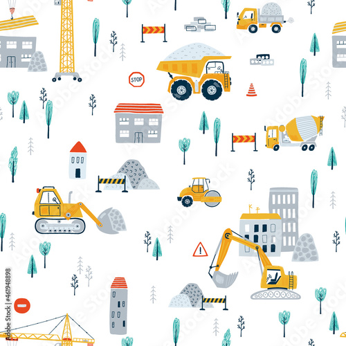 Cute children's seamless pattern with yellow car dump truck, crane, road, signs, house on white background. Illustration construction site in flat style for wallpaper, fabric, textile design. Vector