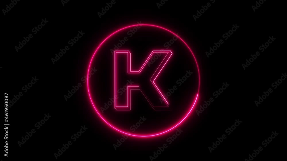 Neon font letter K, uppercase appear in center and disappear after some time. Animated pink neon alphabet symbol on black background. Neon font letter K, uppercase appear in center and disappear after some time. Animated pink neon alphabet symbol on black background.