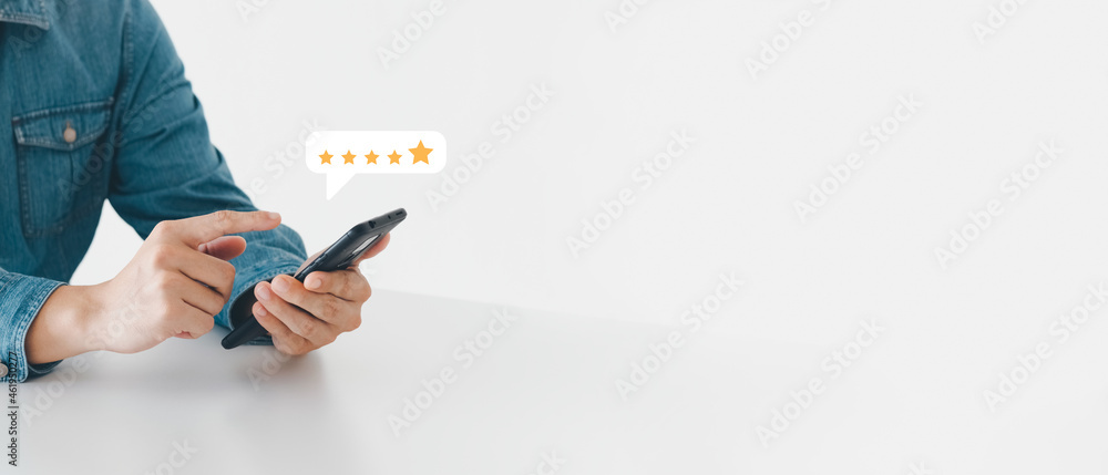 User give rating to service experience on online application, Customer review satisfaction feedback survey concept, Customer can evaluate quality of service leading to reputation ranking of business. - obrazy, fototapety, plakaty 