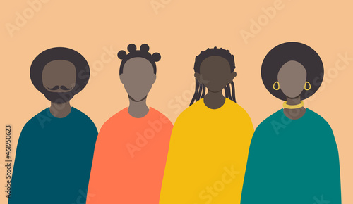 vector illustration on the theme of diversity of people of color, afican american. man and women with different hairstyles and skin tones. trend illustration in flat style