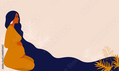 Side view silhouette of a pregnant woman with a belly. Pregnancy flat character with long hair on a background of leaves. Flat stock vector illustration isolated on white background.