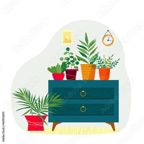 Modern interior with dresser and houseplants. Vector illustration in flat style. Commode with houseplants.
