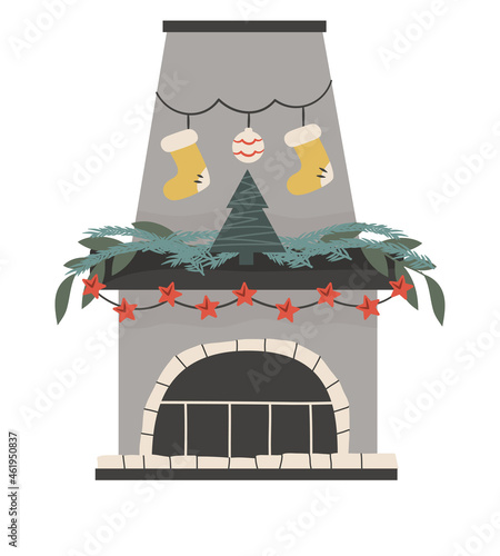 Scandinavian Christmas fireplace with isolated fir tree and garlands Festive cozy hearth with hanging socks.Vector illustration in a flat style. Cozy winter holiday season