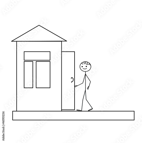 Stick man pictogram opened the door to the house, house, human figure, silhouette 