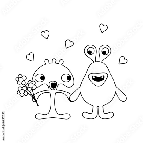 Coloring book for kids. Cute cartoon monster , Valentine's Day, Birthday and other holiday. Doodle greeting card on white. Vector illustration.