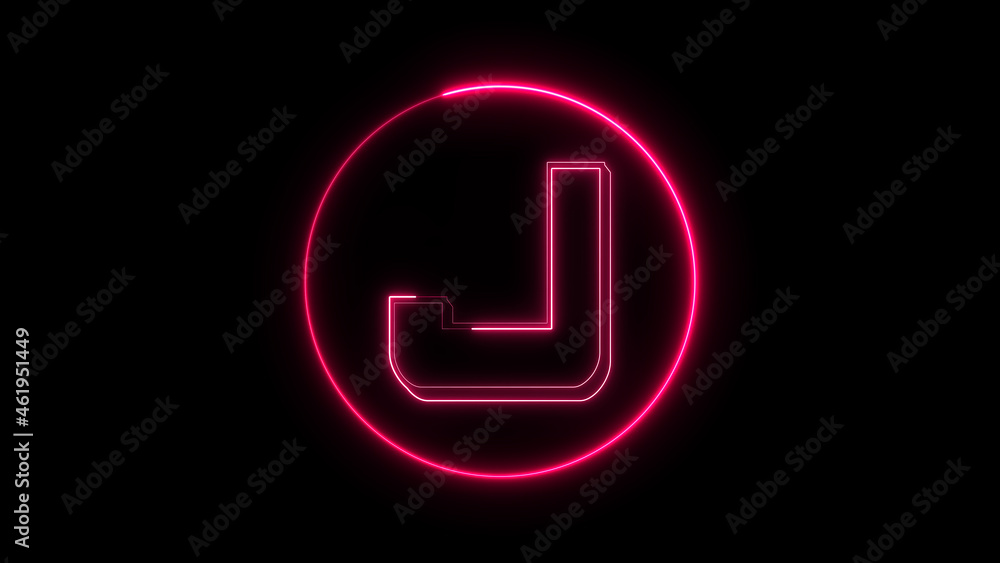 Neon font letter J uppercase appear in center and disappear after some time. Animated pink neon alphabet symbol on black background. Neon font letter J uppercase appear in center and disappear after some time. Animated pink neon alphabet symbol on black background.