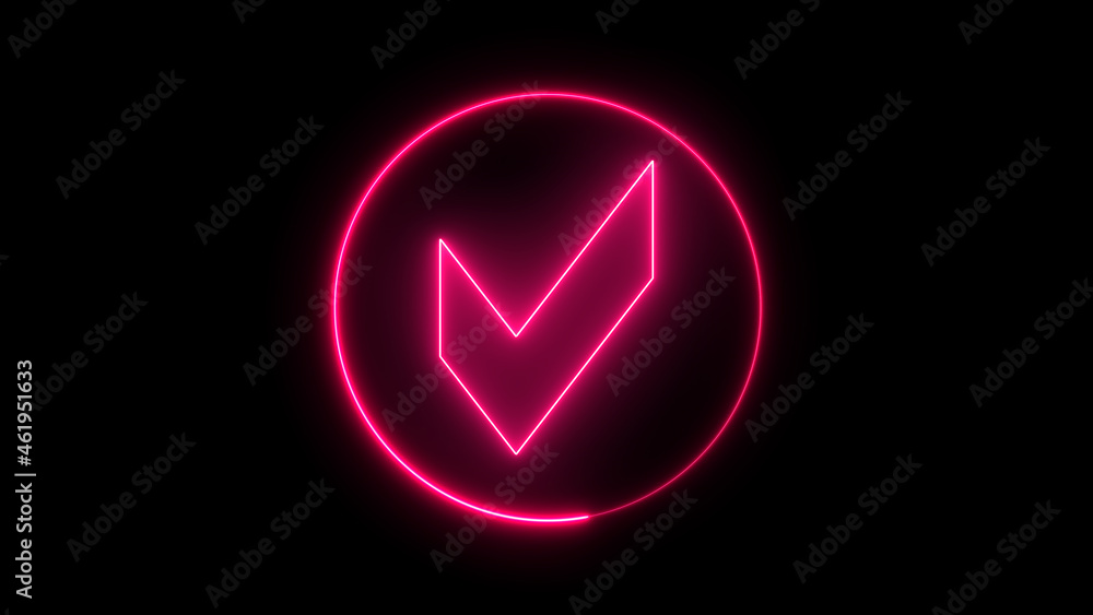 Glowing neon line Check mark in circle icon isolated on black background. Choice button sign Glowing neon line Check mark in circle icon isolated on black background. Choice button sign