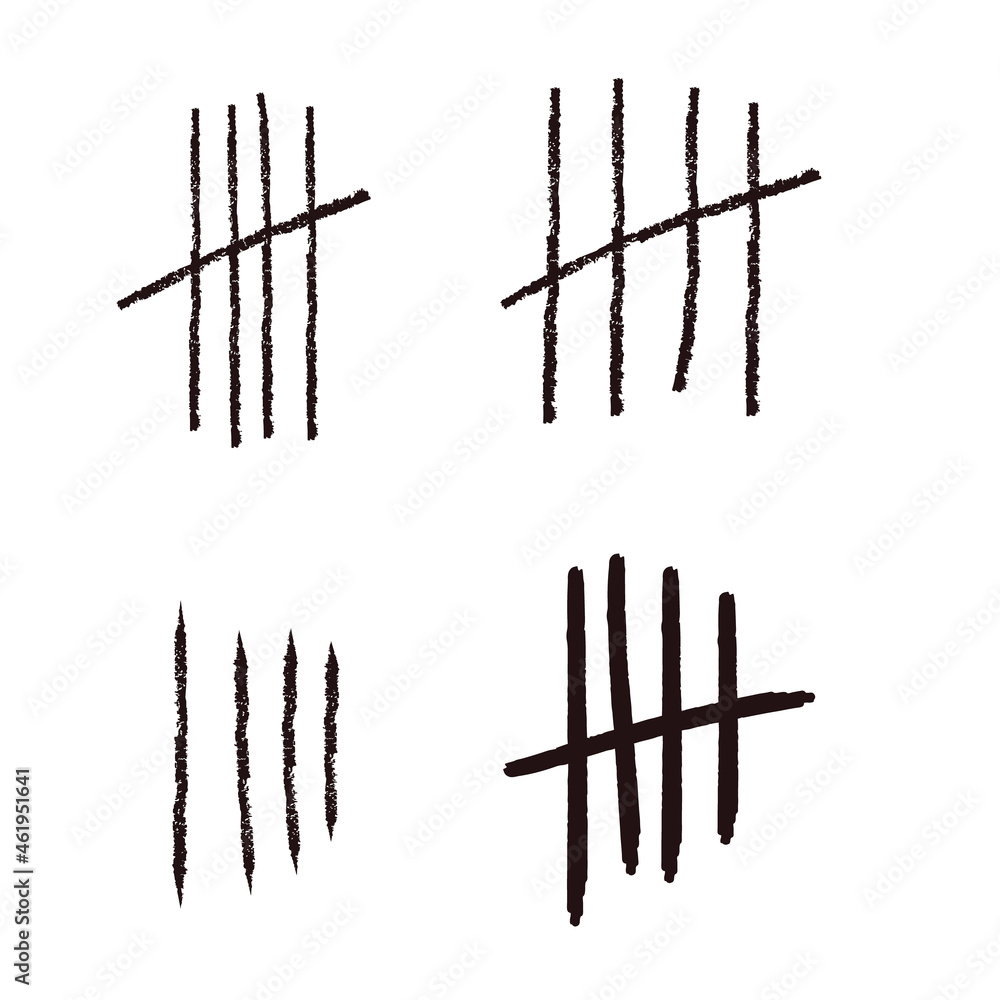Tally marks lines or sticks hand drawn isolated on white background. Counting waiting number on wall prison. Grunge stroke. 