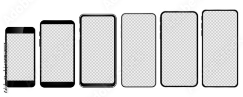 Realistic models smartphone with transparent screens. Smartphone mockup collection. Device front view. Vector illustration.