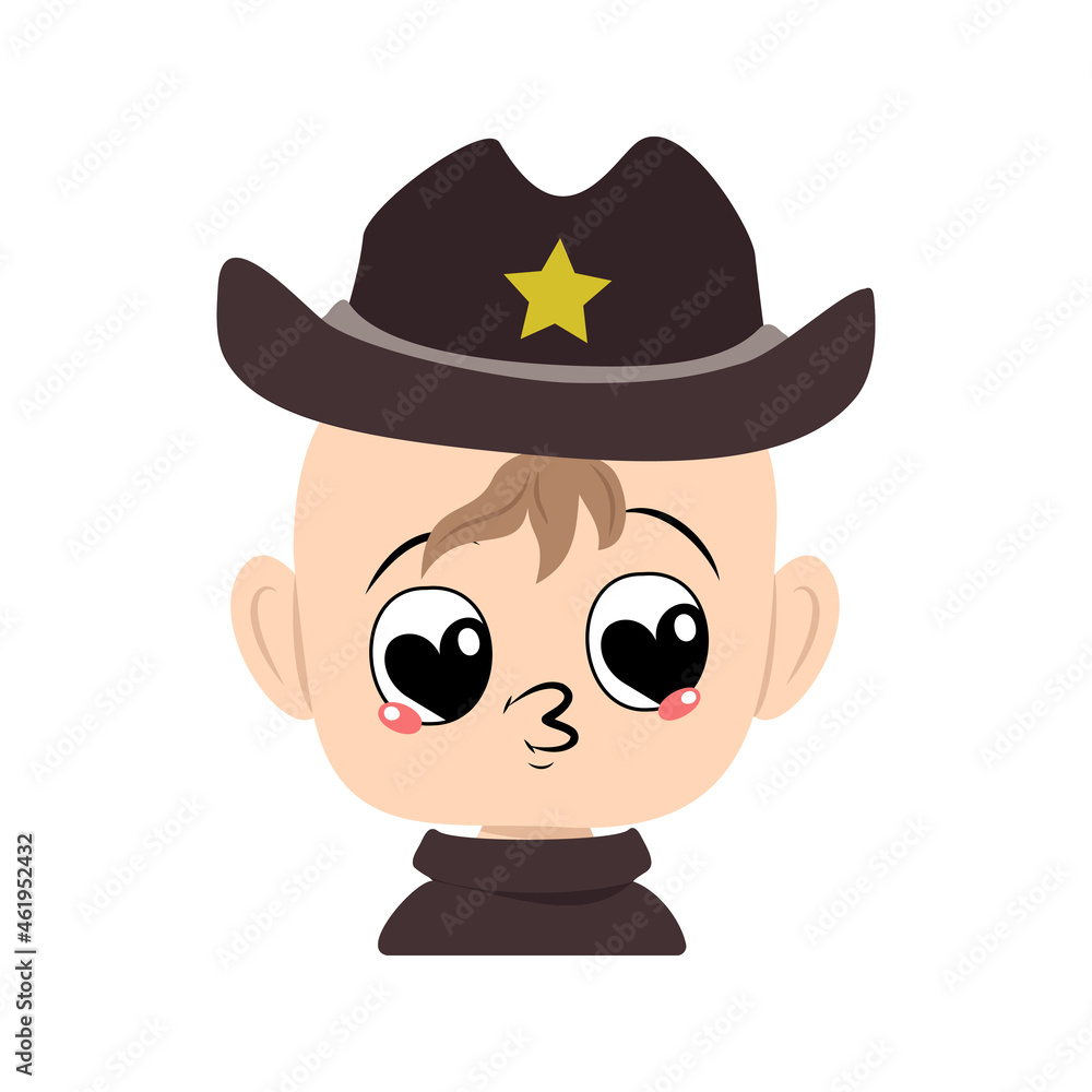 Boy with big heart eyes and kiss lips in sheriff hat with yellow star. Cute kid with loving face in carnival costume for the holiday