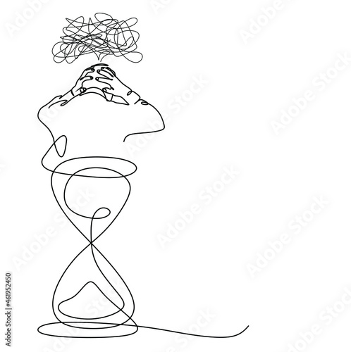 a continuous drawing of a single line of a skeptical man holding his hands behind his head and an hourglass .  The concept of psychology and time loss