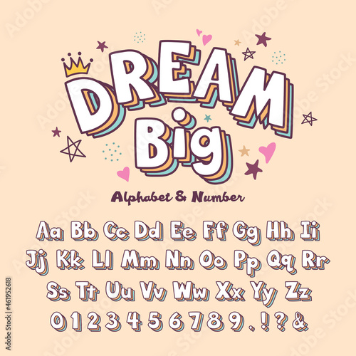 Cute trendy cartoon alphabet letter and number in soft orange, blue colors. Funky vintage 3D layered font or typeface for title or headline, poster, print, graphic layout, etc. Dream big typographic.