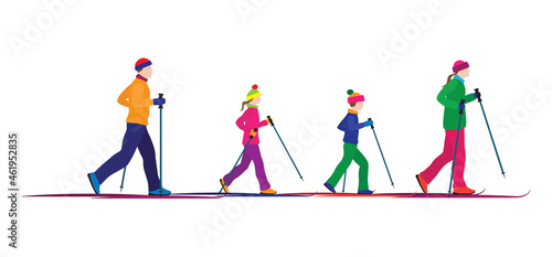 Family skiing. Family sports. Winter sport.