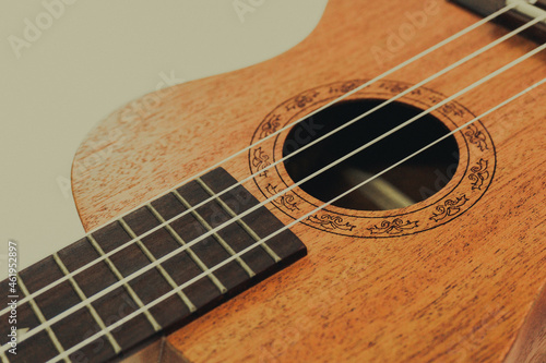 Close up of brown Ukulele on white background. Ukulele strings, saddle, soundhole, ukulele body, neck, fretboard. photo