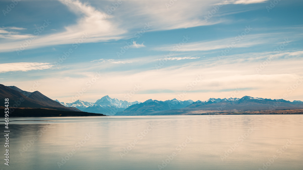 Panoramic view of Lake Pukaki with Southern Alps in the distance, South Island.
