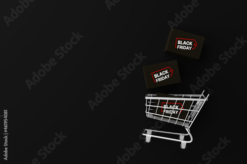 Top view of shopping cart and package box on black background. Black friday shopping festival concept. 3d rendering