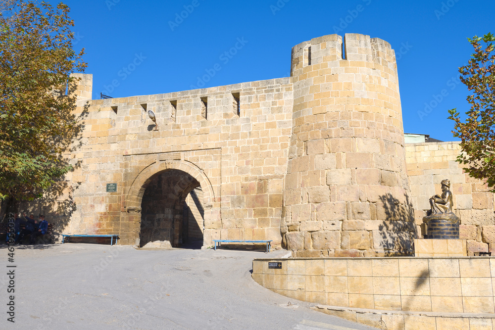 DERBENT, RUSSIA - SEPTEMBER 27, 2021: Ancient gates of Bayat-Kapy of the Southern fortress wall on a sunny day. Derbent fortress
