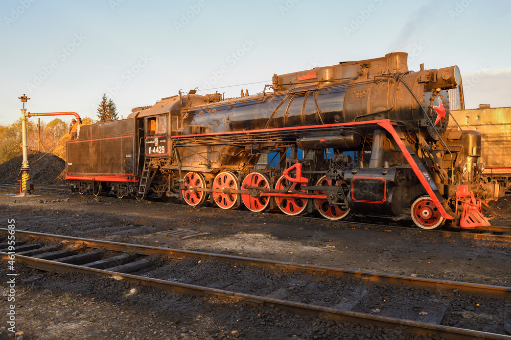 SORTAVALA, RUSSIA - OCTOBER 07, 2021: Old Soviet cargo steam locomotive L-4429 on Sortavala station on a sunny October morning SORTAVALA, RUSSIA - OCTOBER 07, 2021: Old Soviet cargo steam locomotive L-4429 on Sortavala station on a sunny October morning