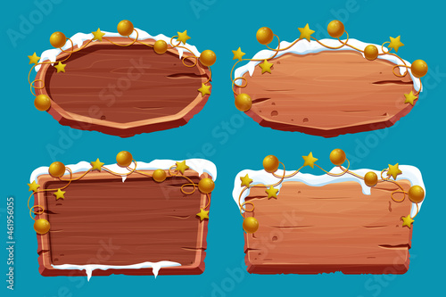 Set old wooden signboard with snow and gold stars, balls in cartoon style. Collection Empty frame, direction plank isolated on white background. Season decoration