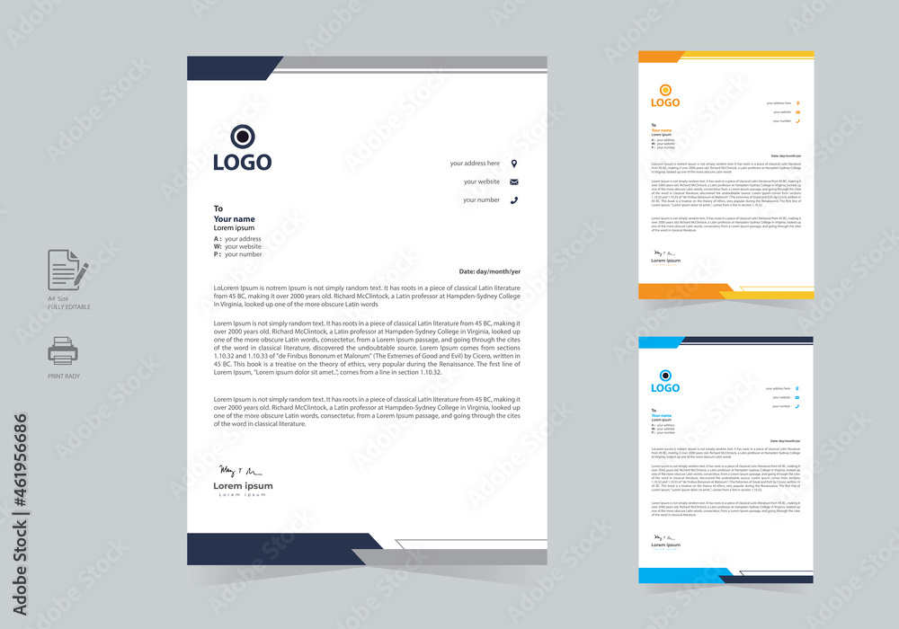 Abstract Creative Minimal Business Style Letterhead   Design Vector Template With 3 Color