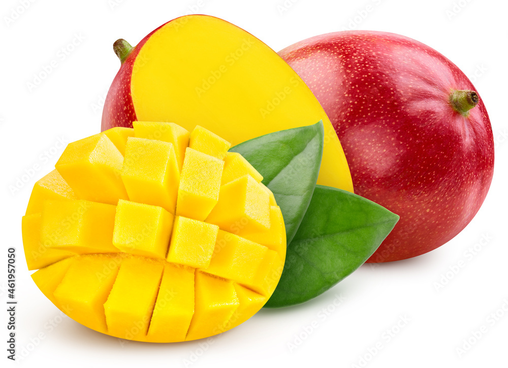 Natural Mango fruit with cut in half and green leaves isolated on white background. Clipping path mango. Mango macro studio photo Natural Mango fruit with cut in half and green leaves isolated on white background. Clipping path mango. Mango macro studio photo