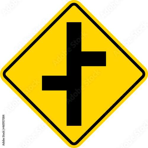 offset side road intersection sign. Yellow diamond background. Traffic signs and symbols.