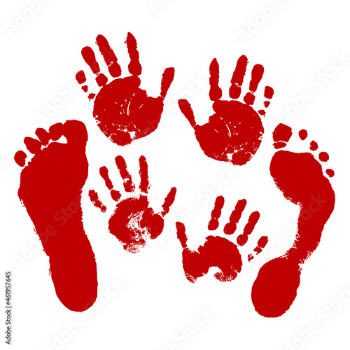 Blood hands and foot print set. Red prints. Isolated background. Vector illustration