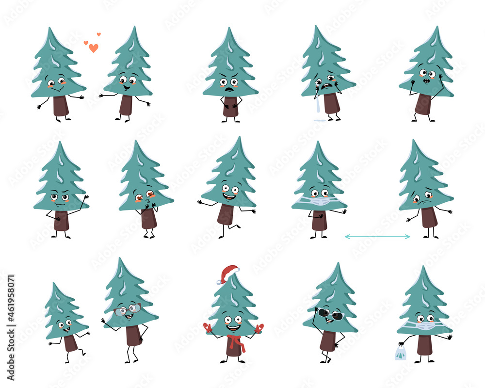 Obraz premium Set of cute Christmas tree character with emotions, face, arms and legs. Cheerful or sad festive decoration for New year falls in love, keep distance in mask, dance in Santa hat and expressions
