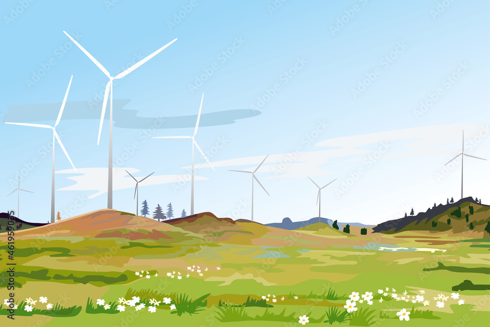 Fototapeta premium Colorful vector illustration of a landscape with wind wheels