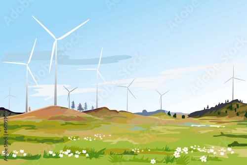 Colorful vector illustration of a landscape with wind wheels