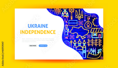 Ukraine Neon Landing Page. Vector Illustration of Independence Promotion.
