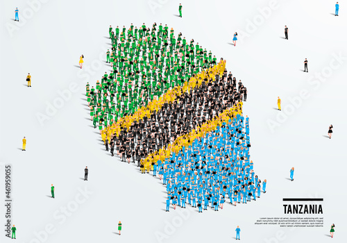 Tanzania Map and Flag. A large group of people in the Tanzania flag color form to create the map. Vector Illustration.