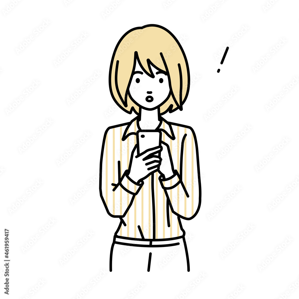 立ってスマートフォンを操作して何かに気づいて驚いたジャケットの女性 立ってスマートフォンを操作して何かに気づいて驚いたジャケットの女性