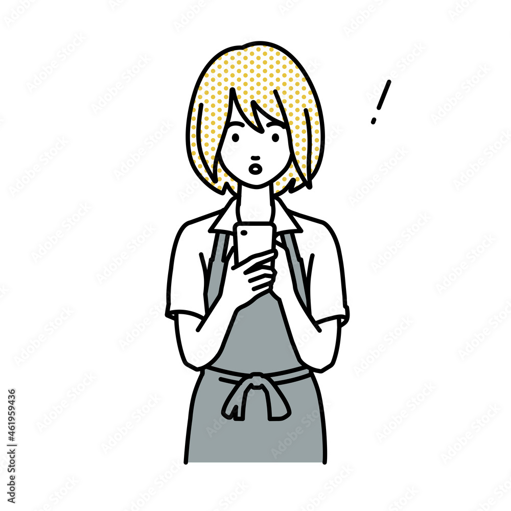 立ってスマートフォンを操作して何かに気づいて驚いたカフェ店員の女性 立ってスマートフォンを操作して何かに気づいて驚いたカフェ店員の女性