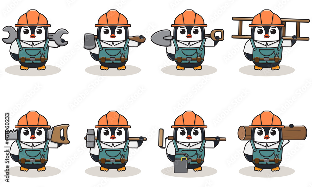 Cute cartoon of Penguin being a handyman with big tools. Character animal. Cartoon style Handyman with the tools. Children's illustration. Cute cartoon of Penguin being a handyman with big tools. Character animal. Cartoon style Handyman with the tools. Children's illustration.