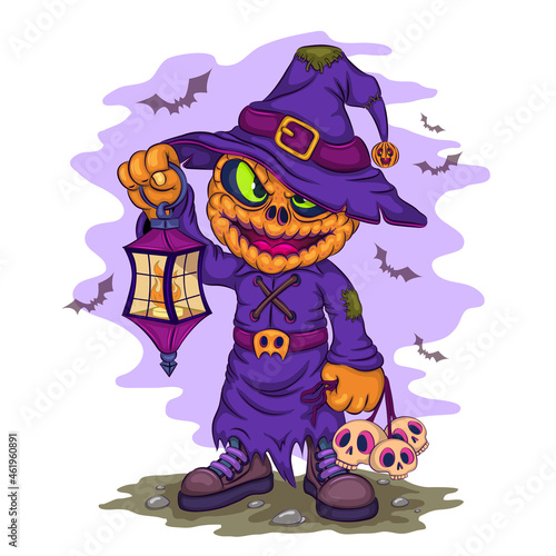 Cartoon Halloween Jack with a lantern and skulls. Halloween character. Unique design, Children's illustration. Use the product for printing on clothing, accessories, party decorations.