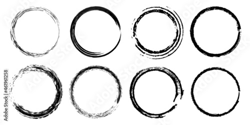 Set of grunge circle frames.Broken circle logo. Round graphic rough wreaths.