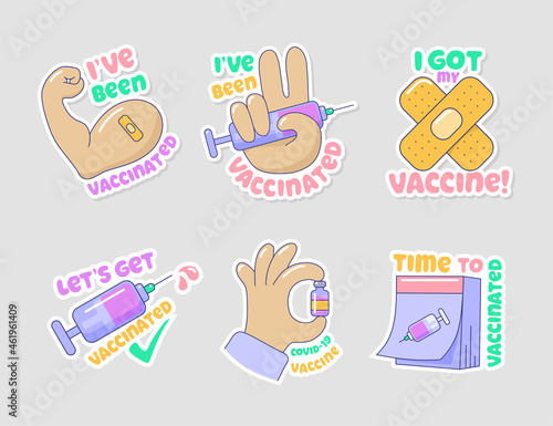 Covid-19 immunization campaign set of cartoon related icons. Time to vaccinate stikers. Coronavirus, flu or influenza vaccination, treatment, healthcare cartoon vector illustration
