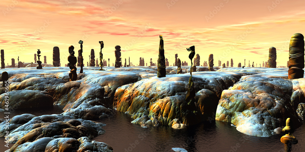 Alien planet. Stone pillars. Butte. 3D rendering - obrazy, fototapety, plakaty 
