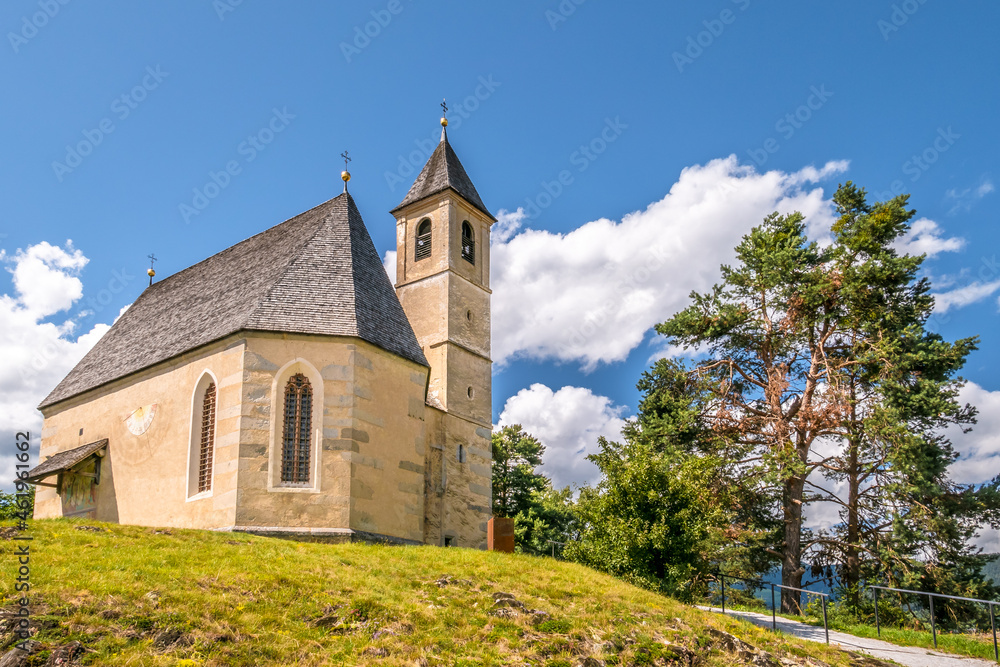 View at the ol church in Viums village of South Tyrol Dolomites in Italy