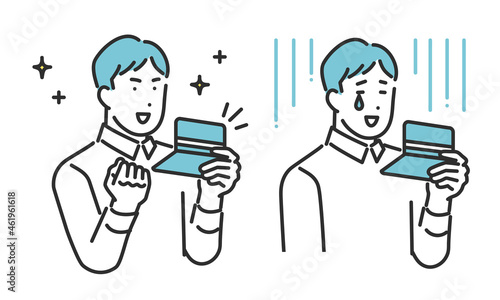 通帳を見て喜んだり落ち込んだりする男性のイメージイラスト素材