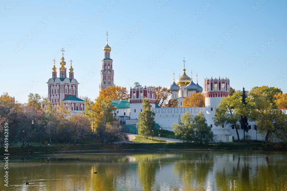 Autumn view of the Novodevichy Monastery from the pond. Moscow, Russia
