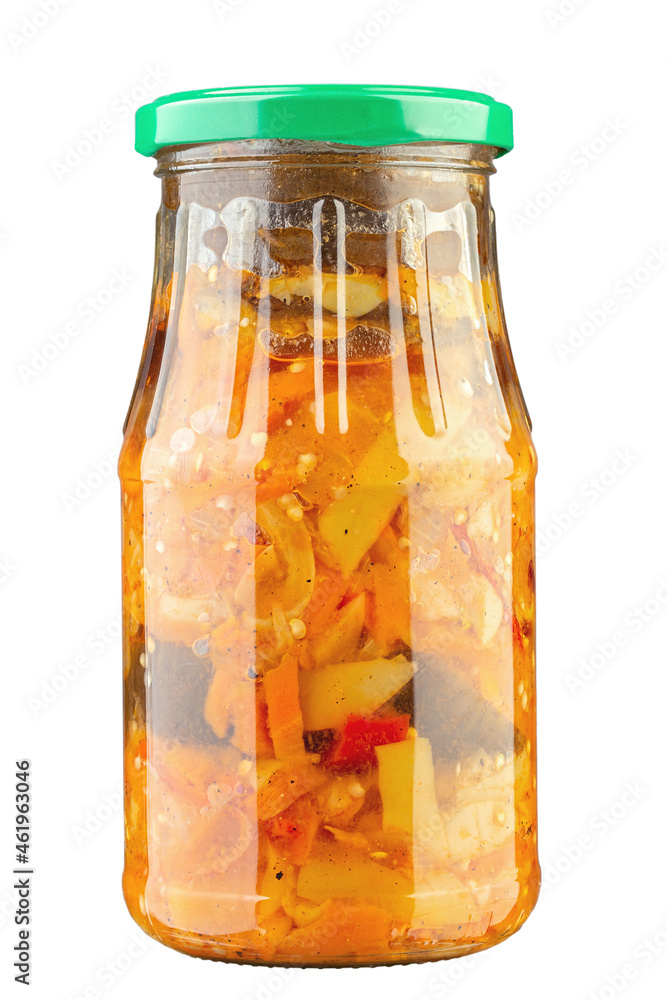Glass jars with canned vegetables, lecho on white background. Homemade canned food. Canning and storage of products in the cellar. File contains clipping path. Glass jars with canned vegetables, lecho on white background. Homemade canned food. Canning and storage of products in the cellar. File contains clipping path.