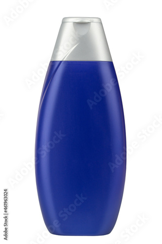 Blue bottle shampoo, isolated on white background. Cosmetic bottle.
