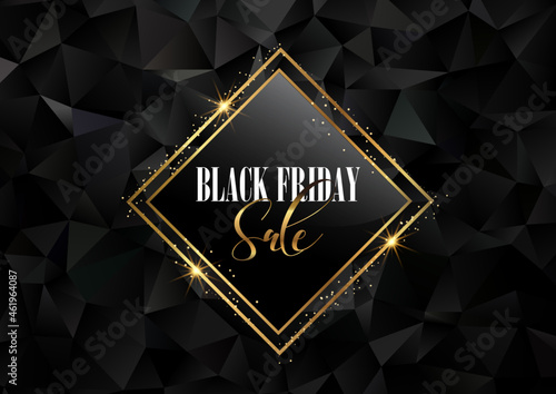 Black Friday background with gold frame and low poly design