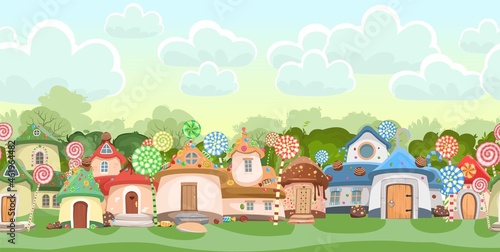 Village of gnomes. Sweet caramel fairy house. Summer cute landscape. Seamless horizontal Illustration in cartoon style flat design. Picture for children. Vector