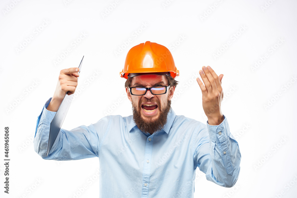 bearded man orange helmet on the head protective uniform bearded man orange helmet on the head protective uniform